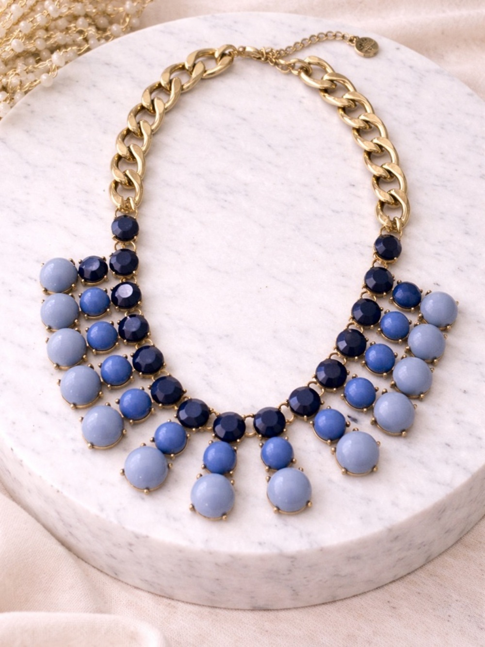 New York & Company Blue Statement Chunky Gold-Tone Bib Collar Necklace Y2K